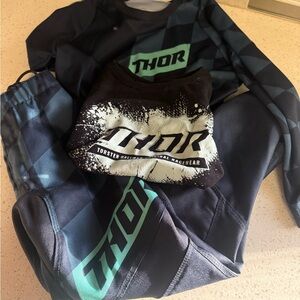 3 piece Thor motocross gear.  Youth XS Apparel in black, blue and teal.